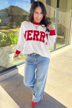 Load image into Gallery viewer, Beige Color Block Trim Merry Slogan Pullover Sweatshirt