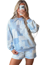 Load image into Gallery viewer, Light Pink Patchwork Floral Print Drop Shoulder Baggy Pullover Drawstring Shorts Set