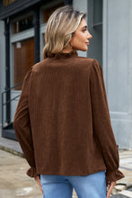 Load image into Gallery viewer, Coffee Solid Color Ruffle Trim V Neck Long Sleeve Button Corduroy Shakcet