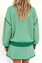 Load image into Gallery viewer, Green Gingham Oversized Ribbed Trim Crew Neck Long Sleeve Top and Skort Set