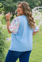 Load image into Gallery viewer, Light Blue Textured Bodice Contrast Floral Sleeve Plus Size Top