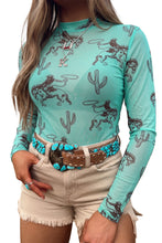 Load image into Gallery viewer, Aruba Blue Western Print High Neck Long Sleeve Sheath Mesh Top