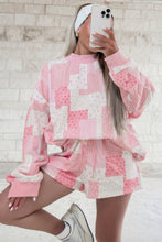 Load image into Gallery viewer, Light Pink Patchwork Floral Print Drop Shoulder Baggy Pullover Drawstring Shorts Set