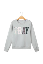 Load image into Gallery viewer, Gray Floral Buffalo Plaid Striped Embroidered Patch Western Pullover Sweatshirt