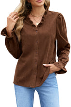 Load image into Gallery viewer, Coffee Solid Color Ruffle Trim V Neck Long Sleeve Button Corduroy Shakcet