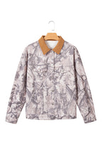Load image into Gallery viewer, Gray Abstract Camo Print Colorblock Collar Oversized Shift Silhouette Denim Jacket