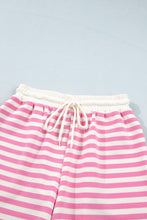 Load image into Gallery viewer, Pink Striped Long Sleeve Crew Neck Drawstring Waist Shorts Set