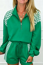 Load image into Gallery viewer, Fiery Red Plaid Patchwork Half Zip Pullover Drawstring Short Set