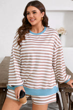 Load image into Gallery viewer, Khaki Stripe Contrast Edge Drop Shoulder Pullover and Shorts Plus Size Set
