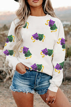 Load image into Gallery viewer, White Sequined Mardi Gras Mask Pattern Drop Shoulder Sweatshirt
