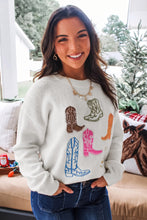 Load image into Gallery viewer, White Western Boots Embroidered Graphic Drop Shoulder Pullover Sweater