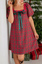 Load image into Gallery viewer, Red Plaid Square Collar Lace Trim Short Sleeve Shift Mini Dress