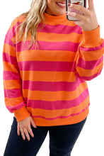 Load image into Gallery viewer, Orange Stripe Ribbed Trim Stand Neck Dropped Shoulder Plus Size Sweatshirt