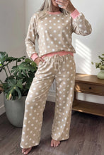 Load image into Gallery viewer, Khaki Polka Dot Contrast Trim Long Sleeve Top Drawstring Shift Pants Set