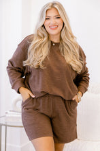 Load image into Gallery viewer, Chestnut Drop Shoulder Long Sleeve Top Elastic Waist Shorts Plus Size Set