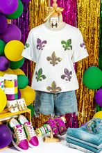 Load image into Gallery viewer, White Mardi Gras Fleur De Lis Sequin Graphic T Shirt