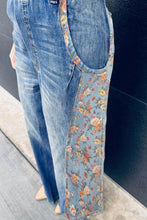 Load image into Gallery viewer, Peacock Blue Floral Patchwork Bib Denim Wide Leg Overalls