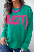 Load image into Gallery viewer, Bright Green Merry Print Ribbed Trim Round Neck Loose Fit Sweater