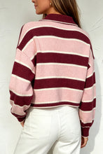 Load image into Gallery viewer, Pink Striped Polo Collar Long Sleeve Ribbed Cuff Casual Knit Sweater