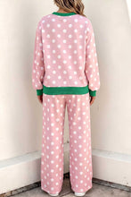 Load image into Gallery viewer, Pink Polka Dot Contrast Trim Long Sleeve Top Drawstring Shift Pants Set