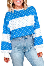 Load image into Gallery viewer, Blue Polka Dot Color Block Drop Shoulder Plus Size Long Sleeve Top