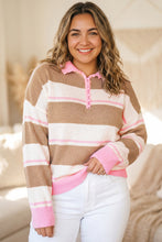 Load image into Gallery viewer, Pink Stripe Striped Colorblock V Neck Long Sleeve Tunic Sweater