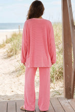 Load image into Gallery viewer, Beige Stripe Contrast Trim Round Neck Oversize Long Sleeve Top 2pcs Pant Set