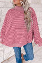 Load image into Gallery viewer, Green Stripe Ribbed Color Block Mock Neck Oversized Sweatshirt