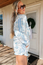 Load image into Gallery viewer, Sky Blue Floral Print Striped Detail Long Sleeve Top Ruffle Hem Shorts 2pcs Set