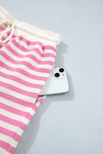 Load image into Gallery viewer, Pink Striped Long Sleeve Crew Neck Drawstring Waist Shorts Set
