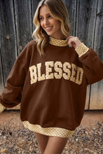 Load image into Gallery viewer, Coffee Polka Dot Trim High Neck BLESSED Letter Graphic Baggy Sweatshirt