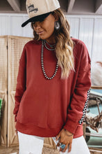 Load image into Gallery viewer, Mineral Red Checkered Trim Long Sleeve Round Neck Shift Sweatshirt