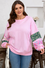 Load image into Gallery viewer, Pink Plus Size Mix Floral Patched Sleeve Ribbed Trim Baggy Sweatshirt