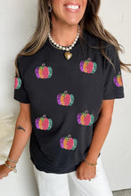 Load image into Gallery viewer, Black Sequined Pumpkin Graphic Round Neck Casual T Shirt