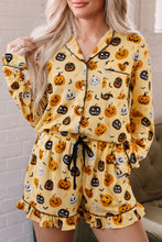 Load image into Gallery viewer, Orange Long Sleeve Ruffle Pumpkin Face Print Two Piece Lounge Set