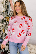 Load image into Gallery viewer, Pink Cartoon Santa Pattern Round Neck Dropped Shoulder Sweater