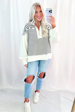 Load image into Gallery viewer, White Stripe Color Block Long Puff Sleeve Metal Zip-Up Collar Top