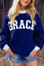 Load image into Gallery viewer, Dirty blue Polka Dot Trim High Neck GRACE Letter Graphic Baggy Sweatshirt