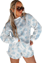 Load image into Gallery viewer, Sky Blue Floral Print Striped Detail Long Sleeve Top Ruffle Hem Shorts 2pcs Set