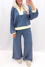 Load image into Gallery viewer, Blue Stripe Color Block Patchwork Zip V Neck Pullover Loose Pants 2pcs Set