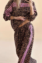 Load image into Gallery viewer, Brown Leopard Print Contrast Striped Detail Long Sleeve Top Pant Set