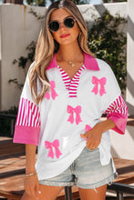 Load image into Gallery viewer, White Sequin Bow Pattern Striped Color Block Collar Half Sleeve Shift Top