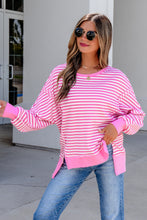 Load image into Gallery viewer, Pink Stripe Textured Knit Color Block Trim Split Hem Long Sleeve Top