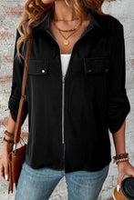 Load image into Gallery viewer, Black Collar Tab Sleeve Zip Up Flap Detail Jacket