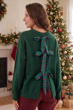 Load image into Gallery viewer, Blackish Green Plaid Bow Detail Drop Shoulder Christmas Sweater