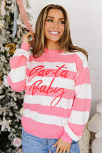 Load image into Gallery viewer, Pink Stripe Santa Baby Embroidered Christmas Slogan Drop Shoulder Pullover Sweater