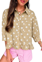 Load image into Gallery viewer, White Polka Dot Print Three Quarter Sleeve Ruffle Hem Casual Shirt