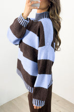 Load image into Gallery viewer, Sky Blue Stripe Contrast High Neck Dropped Shoulder Relaxed Pullover Sweater