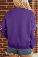 Load image into Gallery viewer, Tillandsia Purple Sequin Pumpkin Spooky Graphic Halloween Pullover Sweatshirt
