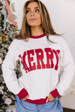 Load image into Gallery viewer, Beige Color Block Trim Merry Slogan Pullover Sweatshirt